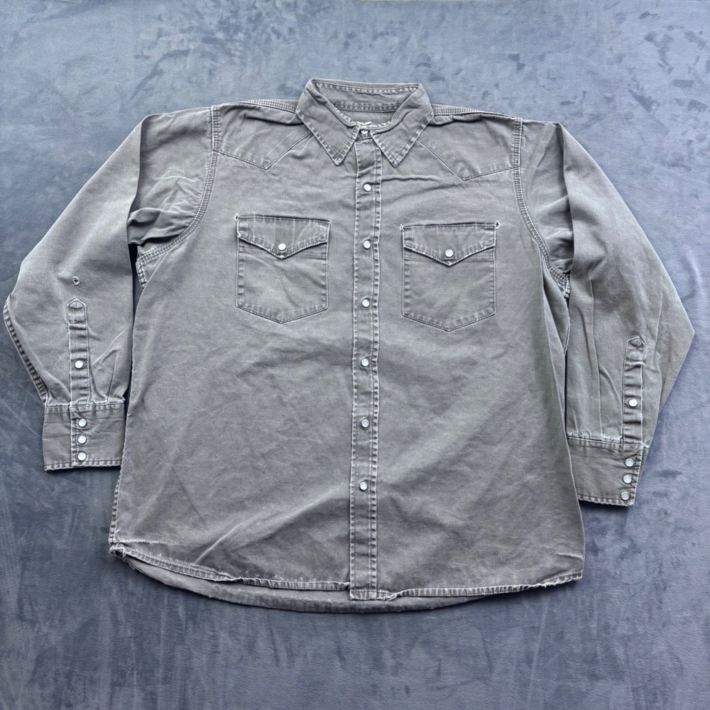 Cowboy Work Wear Mens XL Western Pearl Snap Shirt Faded Distressed Gray Cotton